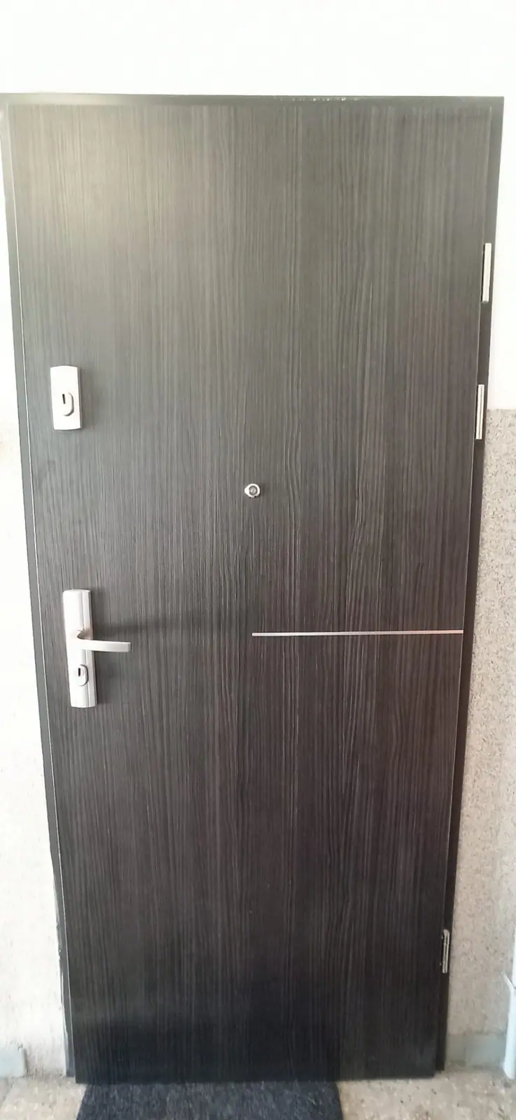 Drzwi Porta w Redzie objęte serwisem – ciemne skrzydło z aluminiową listwą dekoracyjną przed wymianą listwy zamka